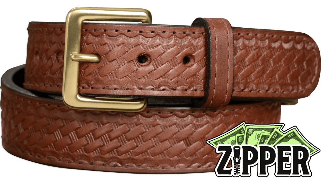 Brown Basket Weave English Bridle Leather Money Belt With 25 Zipper