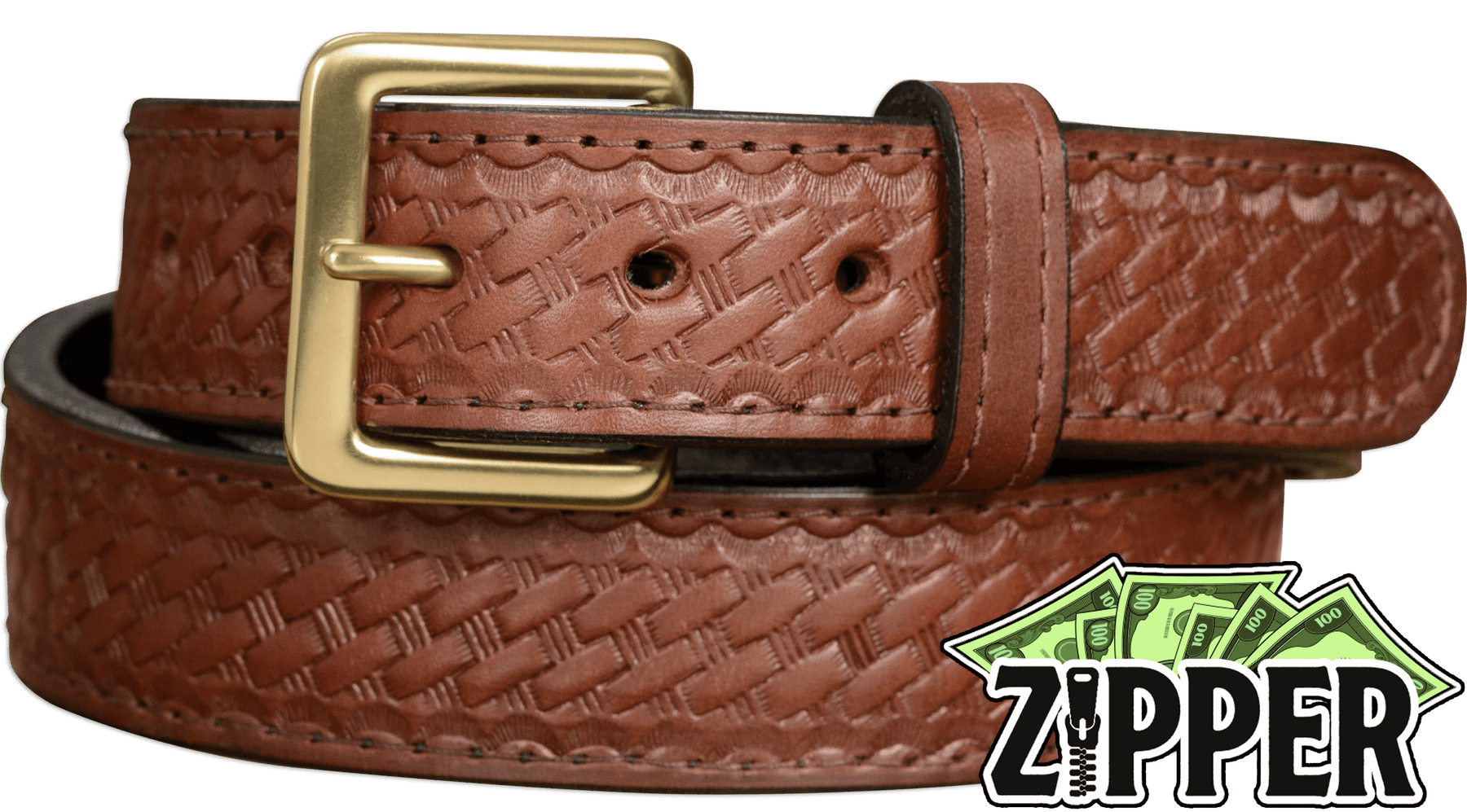 Brown Basket Weave English Bridle Leather Money Belt With 25" Zipper