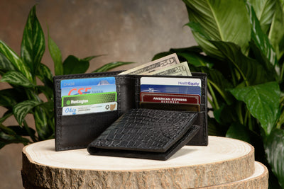 Black exotic alligator bifold leather wallets with card slots by Bullhide Belts