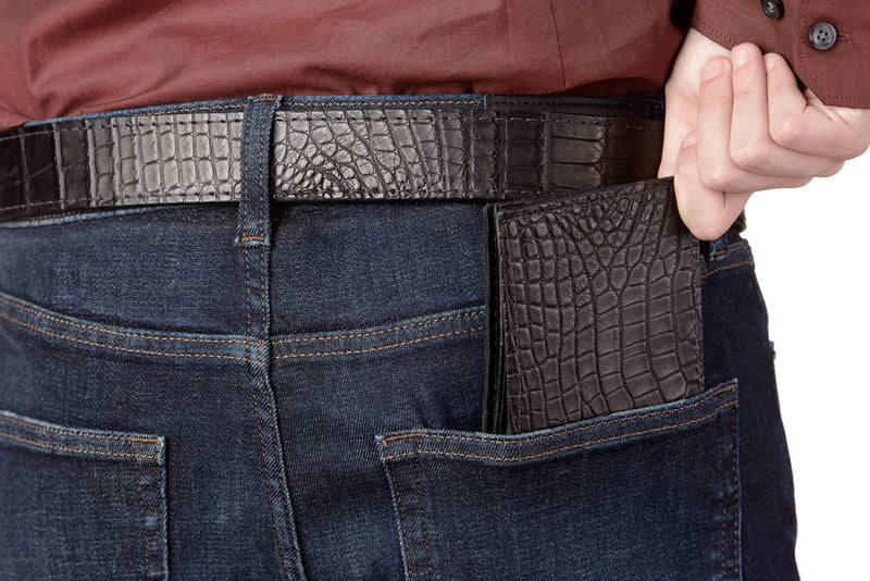 Black alligator skin leather belt and bifold leather wallet by Bullhide Belts