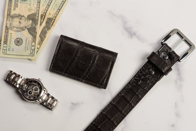 Black alligator leather wallet and belt with money and watch snap by Bullhide Belts