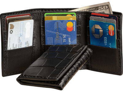 Black alligator exotic trifold leather wallet with IDs and cards by Bullhide Belts