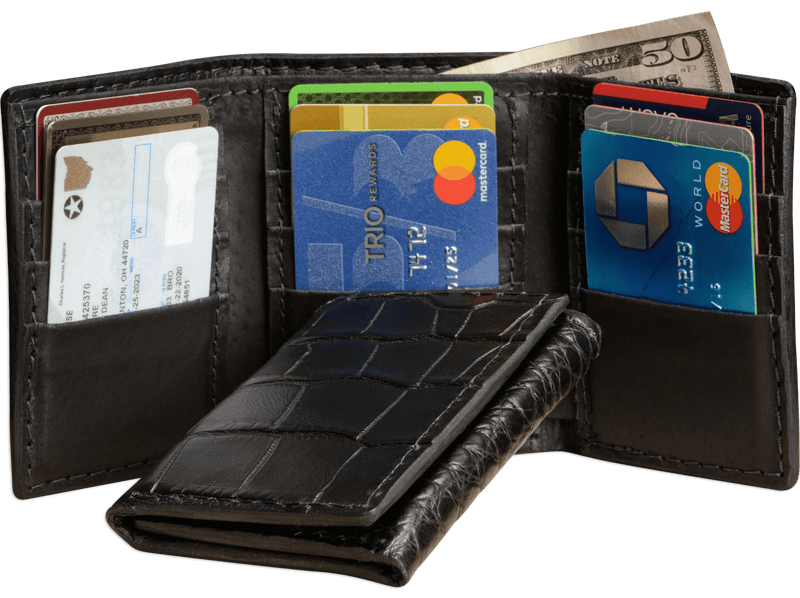 Black alligator exotic trifold leather wallet with IDs and cards by Bullhide Belts