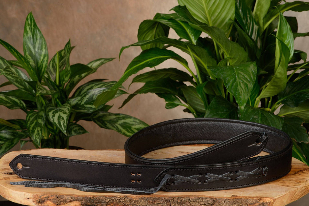 Black Deluxe Leather Padded Guitar Strap With Adjustable Lace SHIPS ON FEB 25th