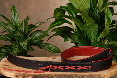 Black And Red Deluxe Leather Padded Guitar Strap With Adjustable Lace - Bullhide Belts