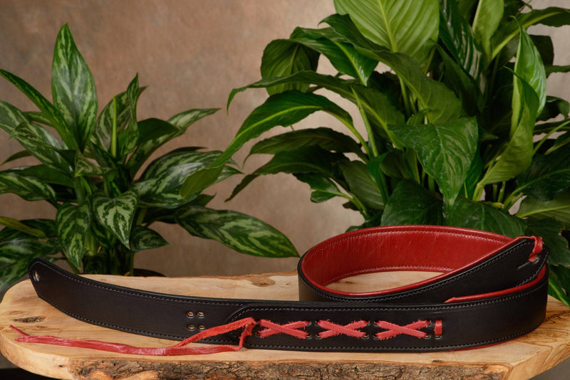 Black And Red Deluxe Leather Padded Guitar Strap With Adjustable Lace - Bullhide Belts