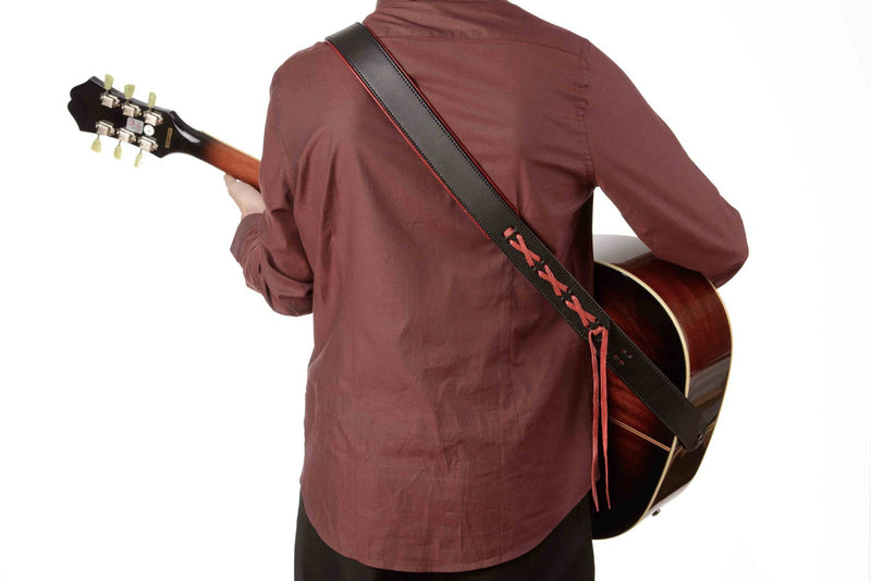 Black And Red Deluxe Leather Padded Guitar Strap With Adjustable Lace - Bullhide Belts