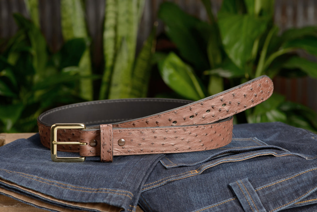 Men's Brown South African Ostrich Skin Leather Belt 52" / 1.25" Men's Brown South African Ostrich Skin Leather Belt 52" / 1.25"