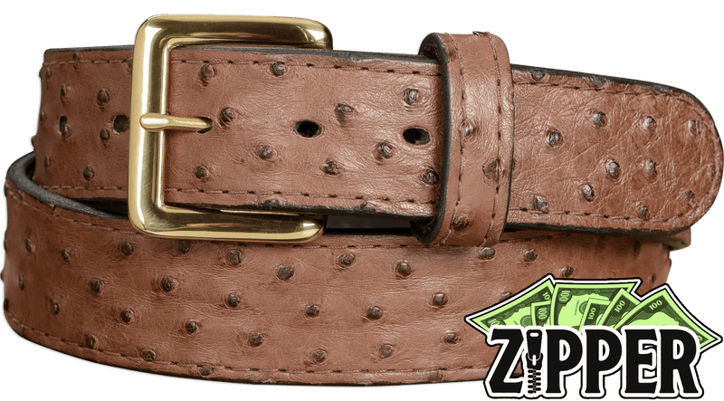 Brown South African Ostrich Skin Money Belt With 25" Zipper - Bullhide Belts