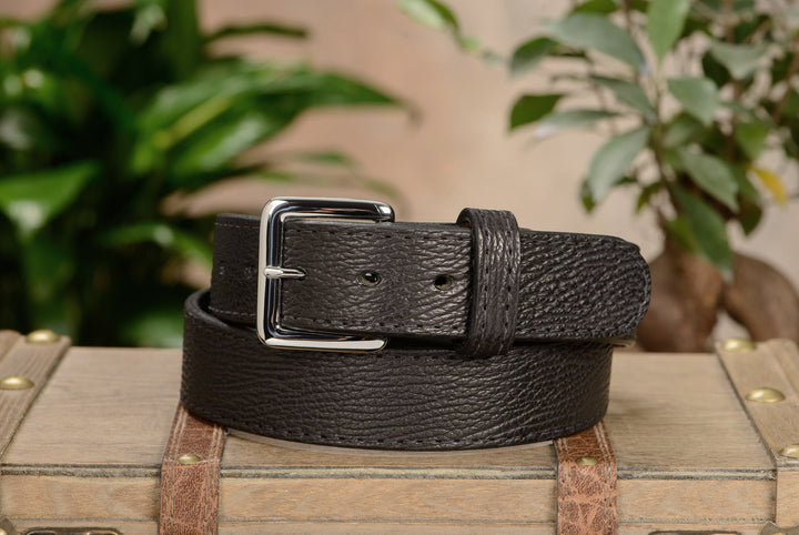 1.25" Men's Buffalo Leather Dress Belt – Handcrafted In USA – Distressed Black/Brown – TheBeltShoppe.com