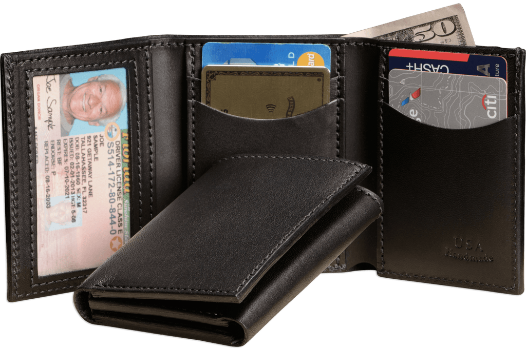 新製品情報も満載 Leather Premium Black Trifold Window ID With Wallet 小物
