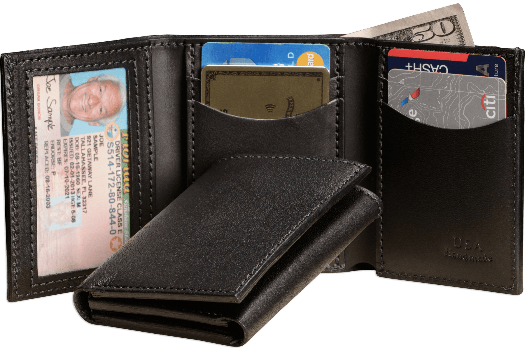 Black Leather Trifold Key Holder Wallet With Dual Change Pouches
