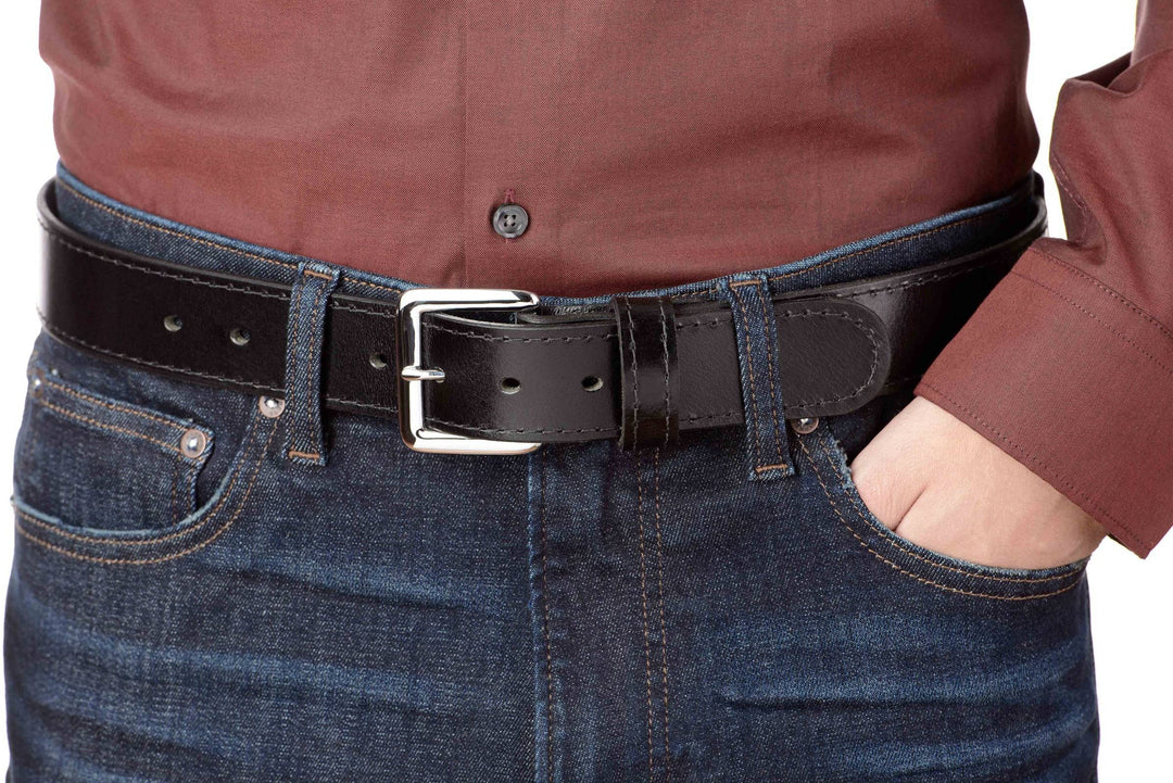 Zelikovitz Men's Solid Buffalo Leather Belt - 1 1/2" Width, Genuine Leather, Brass Buckle (Black, Size 40)